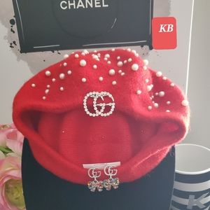 Fashion red and pearl beret set